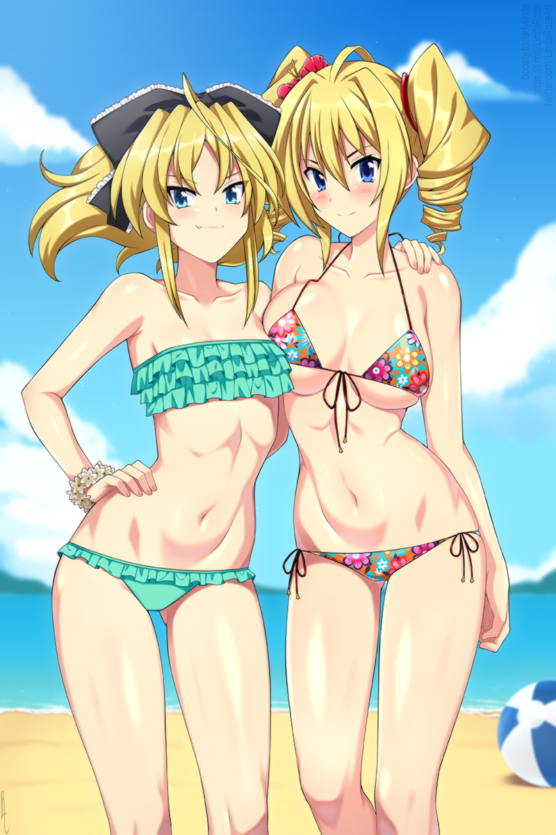 2girls, aqua_bikini, asymmetrical_docking, ball, beach, beachball, bikini, blonde_hair