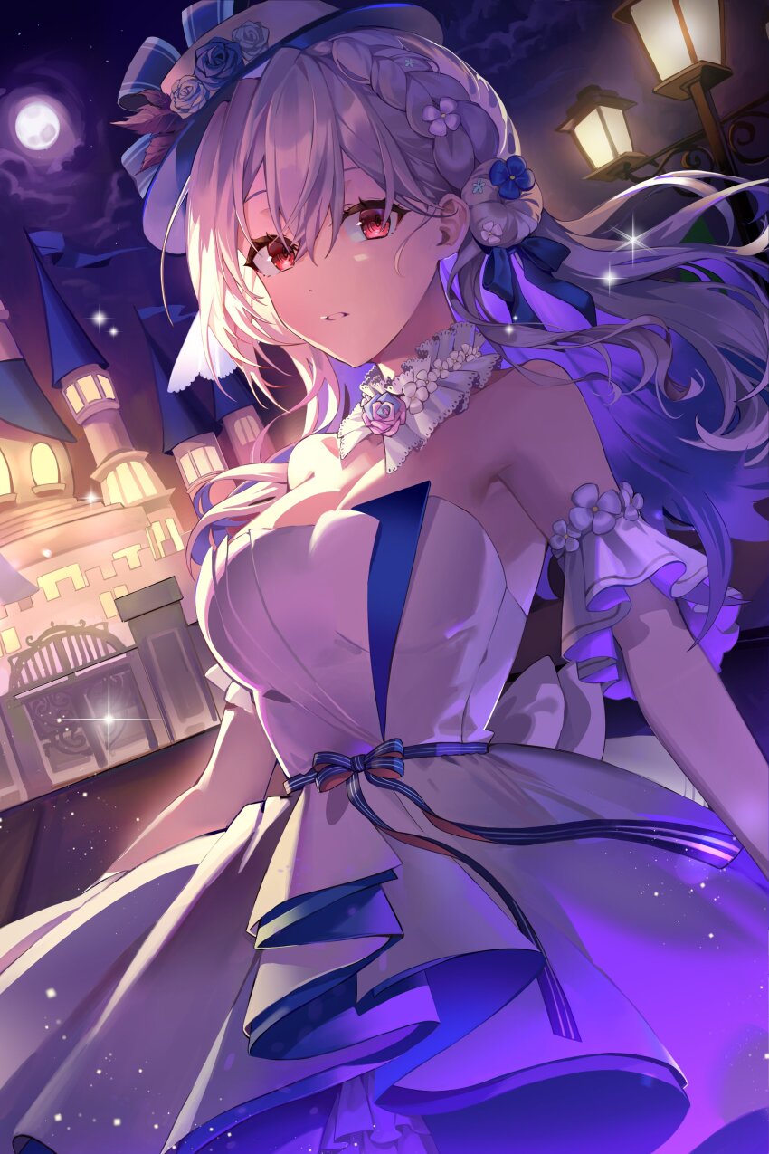 1girl, absurdres, armband, blue_bow, bow, breasts, castle, choker