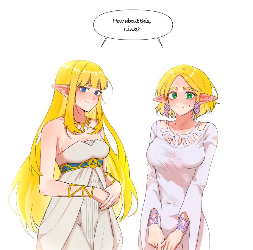 2girls, absurdres, bare_shoulders, big_egg526, blonde_hair, blue_eyes, blush, bracelet, breasts, cosplay, costume_switch, dress, dual_persona, english_text, green_eyes, highres, jewelry, long_hair, medium_breasts, multiple_girls, necklace, nintendo, own_hands_together, pointy_ears, princess_zelda, self_cosplay, shared_speech_bubble, short_hair, simple_background, speech_bubble, strapless, strapless_dress, sweatdrop, the_legend_of_zelda, the_legend_of_zelda:_breath_of_the_wild, the_legend_of_zelda:_skyward_sword, the_legend_of_zelda:_tears_of_the_kingdom, white_dress