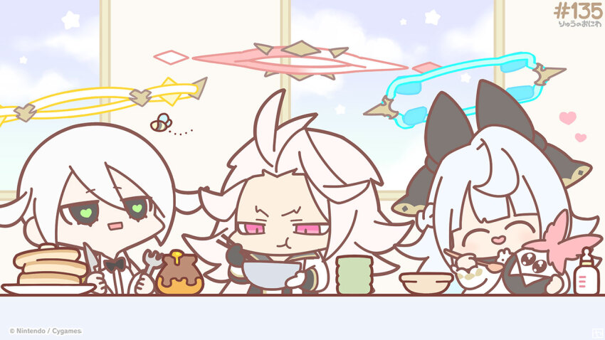 1boy, 2girls, baby_bottle, black_eyes, bottle, bowl, chibi, chibi_only