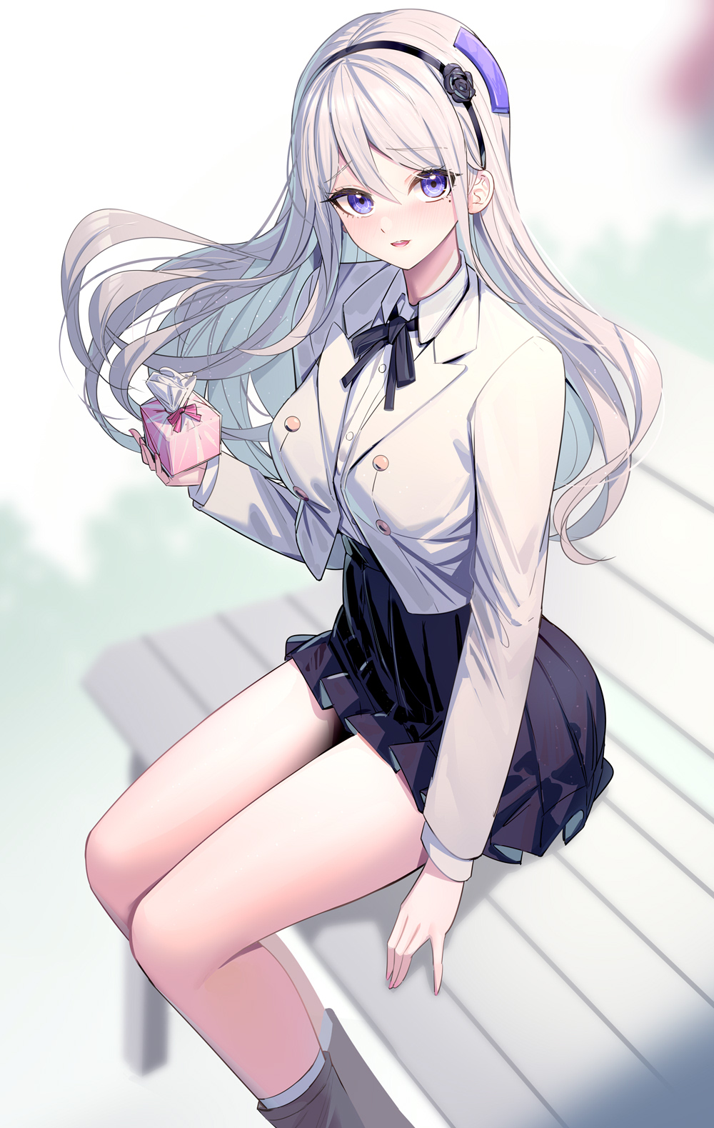 1girl, black_flower, black_hairband, black_rose, black_skirt, blurry, blurry_background, boots, breasts, brown_boots, collared_shirt, commentary_request, depth_of_field, dress_shirt, feet_out_of_frame, flower, grey_hair, hair_between_eyes, hair_flower, hair_ornament, hairband, highres, holding, jacket, kashimiya_karua, long_hair, long_sleeves, looking_at_viewer, medium_breasts, on_bench, parted_lips, pleated_skirt, purple_eyes, ririko_(zhuoyandesailaer), rose, school_uniform, shirt, sitting, skirt, sleeves_past_wrists, smile, socks, solo, the_hundred_line_-last_defense_academy-, very_long_hair, white_jacket, white_shirt, white_socks