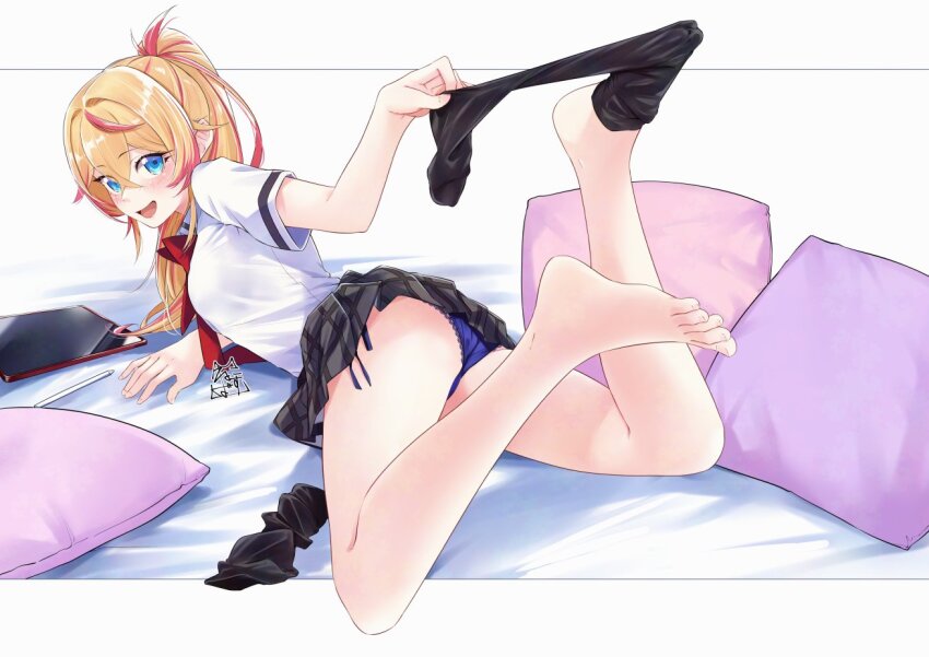 1girl, adversarial_noise, akira_miku_ver, ass, bare_legs, bed_sheet, black_thighhighs, blonde_hair
