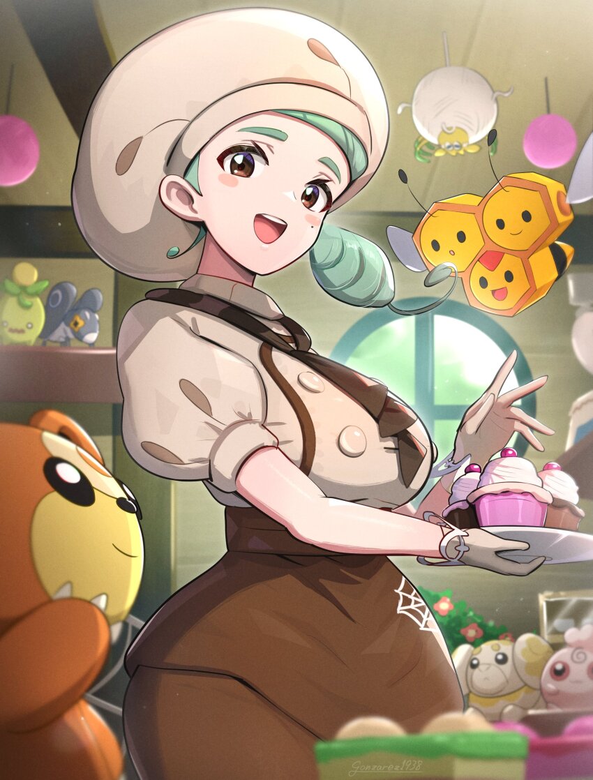 1girl, :d, absurdres, apron, artist_name, ascot, blurry, blurry_foreground