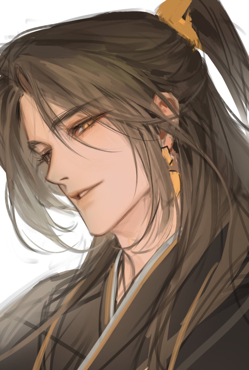 1boy, absurdres, black_hair, black_hanfu, chinese_clothes, earrings, gold_earrings, half_updo