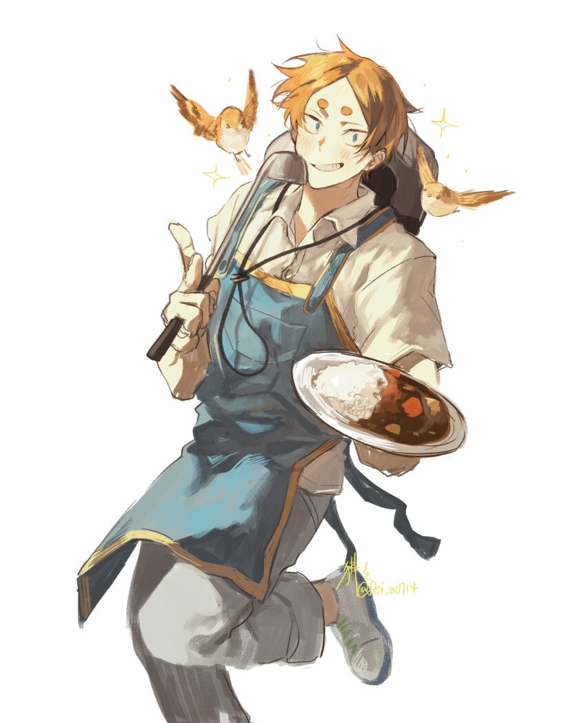 1boy, absurdres, apron, bird, black_hat, blue_apron, collared_shirt, commentary_request