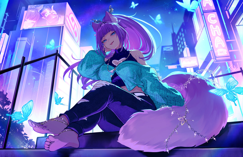 1girl, absurdres, animal_ears, bare_shoulders, barefoot, belt, blue_eyes, blush, breasts, bug, butterfly, butterfly_earrings, cat_ears, cleavage_cutout, clothing_cutout, colored_inner_hair, earrings, feather_boa, gonza_(kimura01), heart_cutout, highres, insect, jewelry, large_breasts, long_hair, long_sleeves, looking_at_viewer, mole, mole_under_eye, multicolored_hair, night, off_shoulder, original, outdoors, pants, pink_hair, ponytail, purple_hair, sitting, smile, solo, sweater, tongue, tongue_out, white_belt