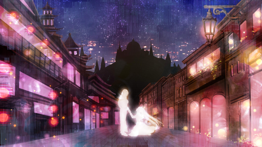 2girls, akame_ga_kill!, building, highres, holding_hands, kneeling, lamp, lamppost