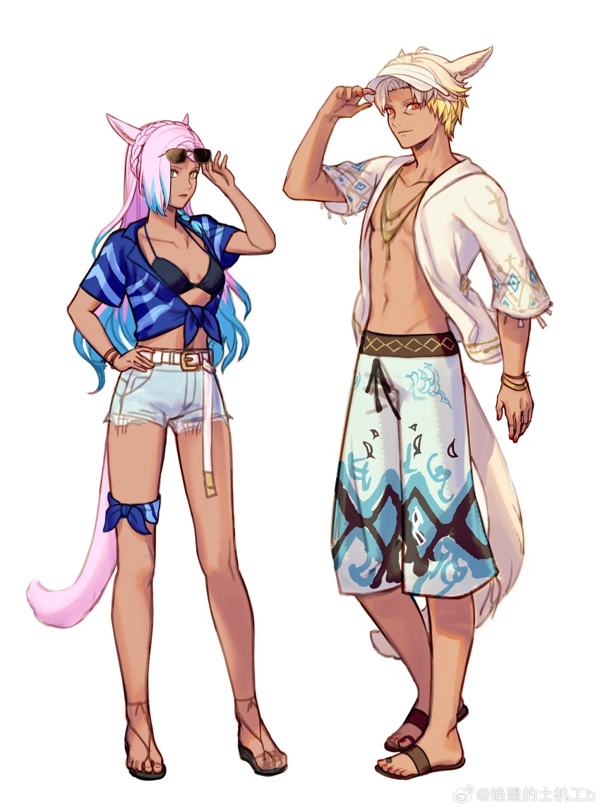 1boy, 1girl, absurdres, adjusting_clothes, adjusting_eyewear, adjusting_headwear, animal_ears, belt, belt_buckle, bikini, blonde_hair, blue_hair, blue_shirt, bracelet, braid, breasts, buckle, bushi_shui_zi_ba, cat_boy, cat_ears, cat_girl, cat_tail, chinese_commentary, collarbone, colored_tips, commentary_request, denim, denim_shorts, eutrope_(ff14), final_fantasy, final_fantasy_xiv, full_body, halterneck, hand_on_own_hip, highres, jewelry, miqo'te, multicolored_hair, nail_polish, navel, open_clothes, open_shirt, pink_hair, red_nails, retsarra_(ff14), sandals, shirt, short_shorts, shorts, simple_background, small_breasts, sunglasses, swimsuit, tail, tied_shirt, two-tone_hair, visor_cap, watermark, weibo_watermark, white_background, white_shirt, yellow_eyes