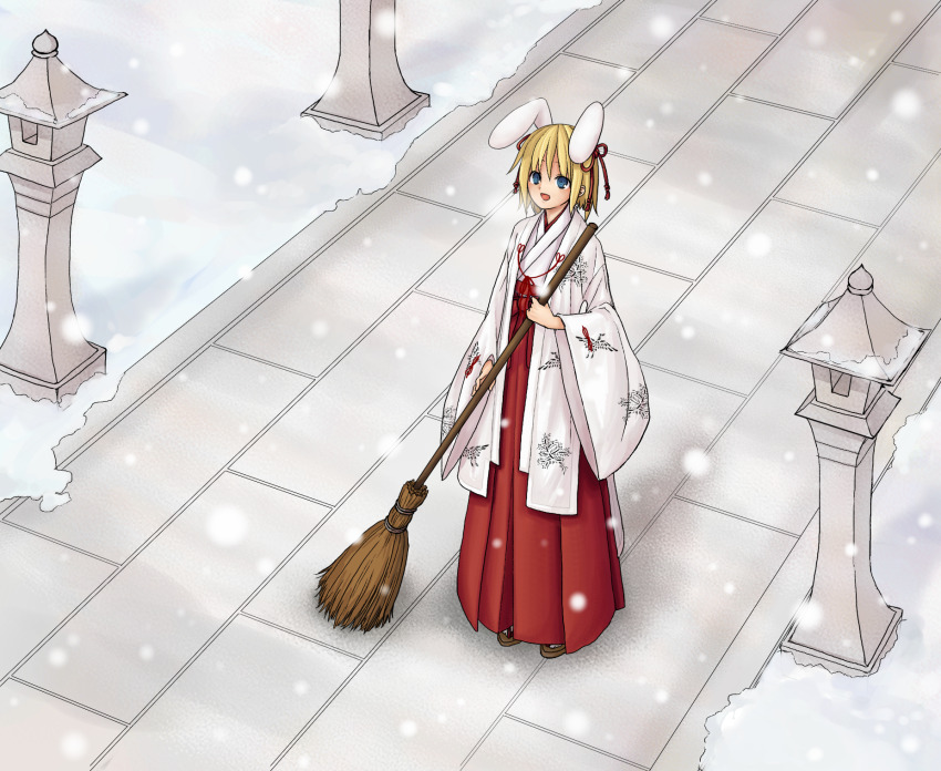 1girl, animal_ears, blonde_hair, blue_eyes, blush, breath, broom, brown_sandals