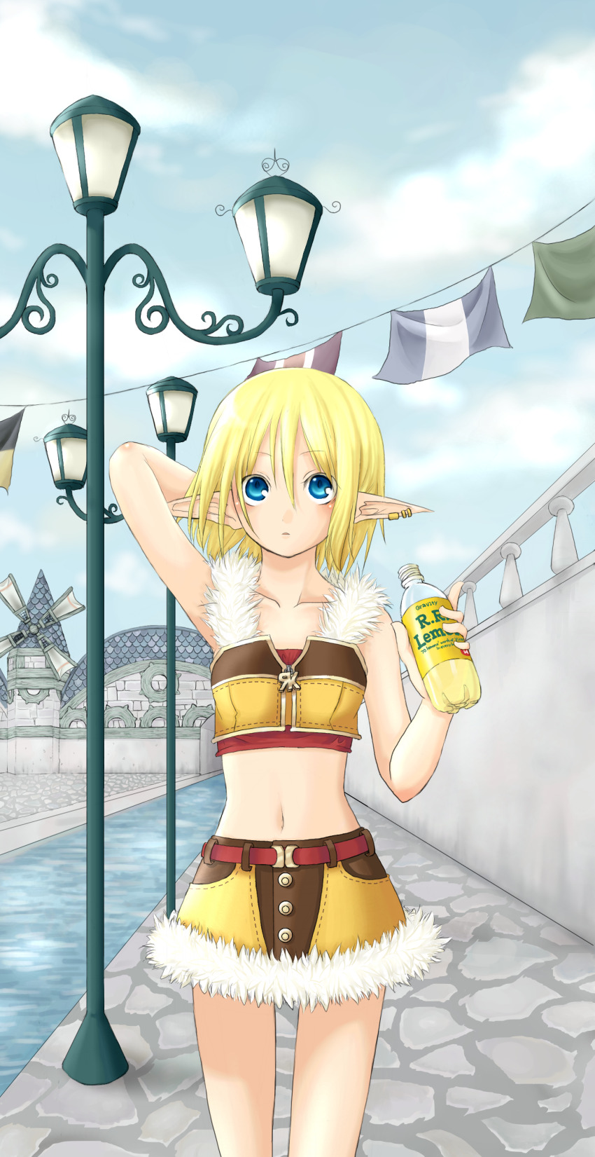 1girl, absurdres, armpits, banner, belt, blonde_hair, blue_eyes, blue_sky