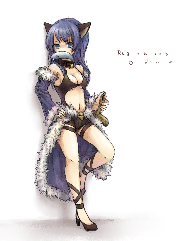 1girl, animal_ears, black_shoes, black_shorts, black_tank_top, blue_cape, blue_sleeves, breasts