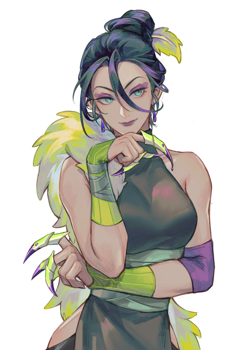 1girl, aqua_eyes, arm_under_breasts, arm_warmers, bare_shoulders, black_hair, breasts, chinese_commentary