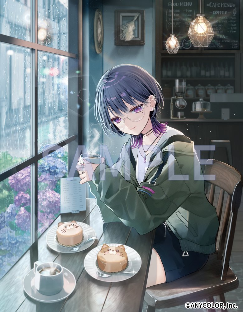 1girl, black_choker, black_shorts, cafe, chair, choker, coffee, colored_tips, commentary_request, copyright_notice, cup, ear_piercing, flower, glasses, green_jacket, holding, holding_cup, indoors, jacket, jewelry, koshimizu_toru, koshimizu_toru_(3rd_costume), ksb_x4, lamp, long_sleeves, mole, mole_under_eye, multicolored_hair, necklace, nijisanji, official_alternate_costume, official_alternate_hairstyle, official_art, piercing, plate, purple_eyes, purple_flower, purple_hair, rain, sample_watermark, shorts, sitting, sleeves_past_wrists, solo, steam, virtual_youtuber, watermark, window