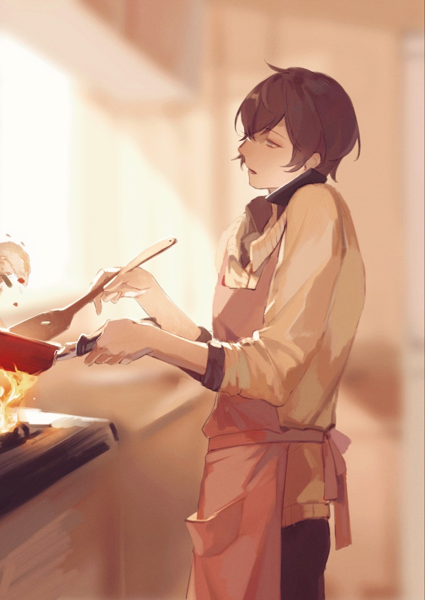 1boy, apron, black_pants, blue_eyes, blurry, blurry_background, brown_hair, chinese_commentary, commentary_request, cooking, fire, food, forever_7th_capital, fried_rice, from_side, frying_pan, highres, holding, holding_frying_pan, holding_spatula, indoors, isaac_(forever_7th_capital), kitchen, long_sleeves, male_focus, meru02295238, open_mouth, pants, pink_apron, profile, short_hair, solo, spatula, standing, sweater, talking_on_phone, yellow_sweater