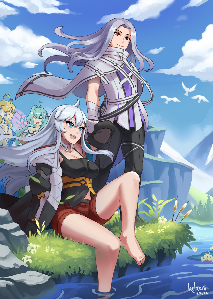 absurdres, bird, blonde_hair, blue_eyes, breasts, dragalia_lost, fairy_wings, green_hair