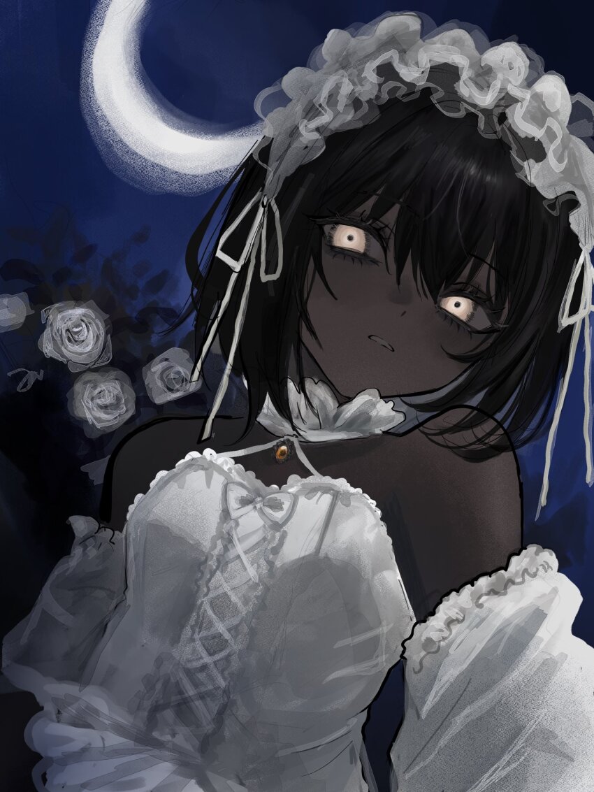 1girl, akai_ringo_(eveyuno), bare_shoulders, dark-skinned_female, dark_skin, detached_sleeves, dress, flower