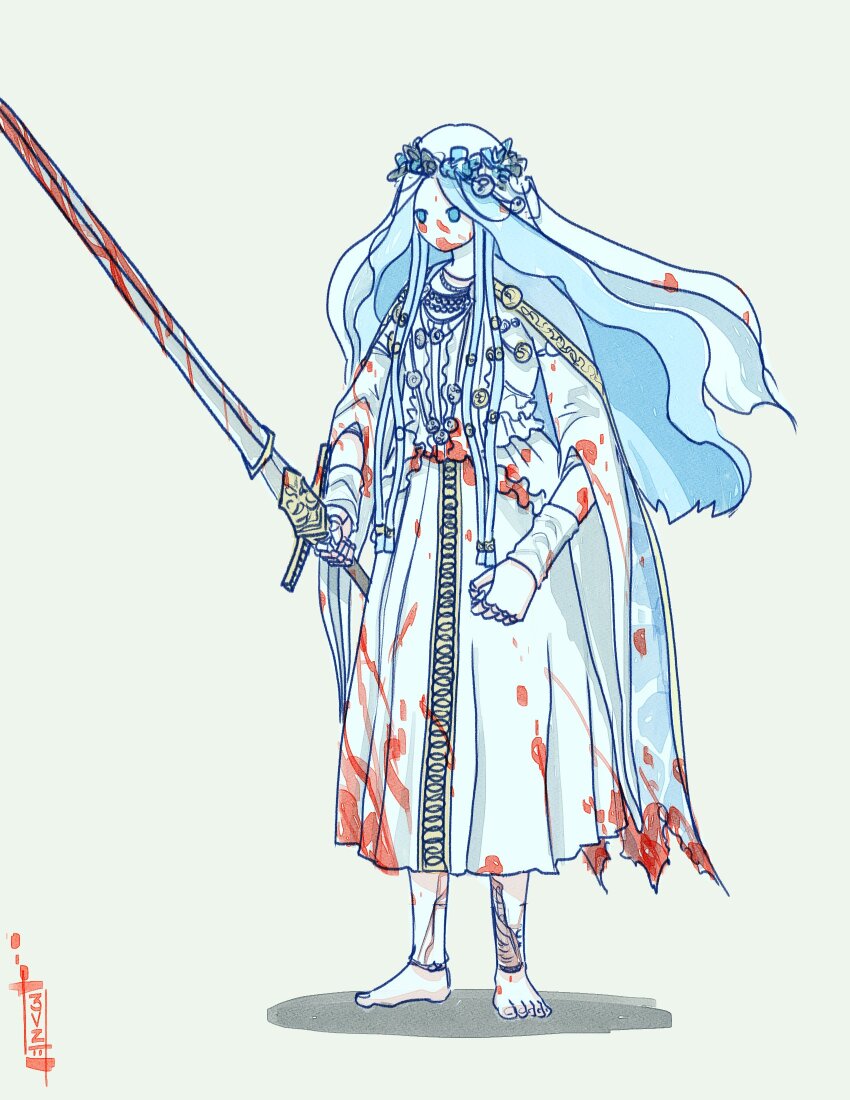 1girl, barefoot, blood, blood_on_clothes, blood_on_face, blue_eyes, cloak, colored_skin