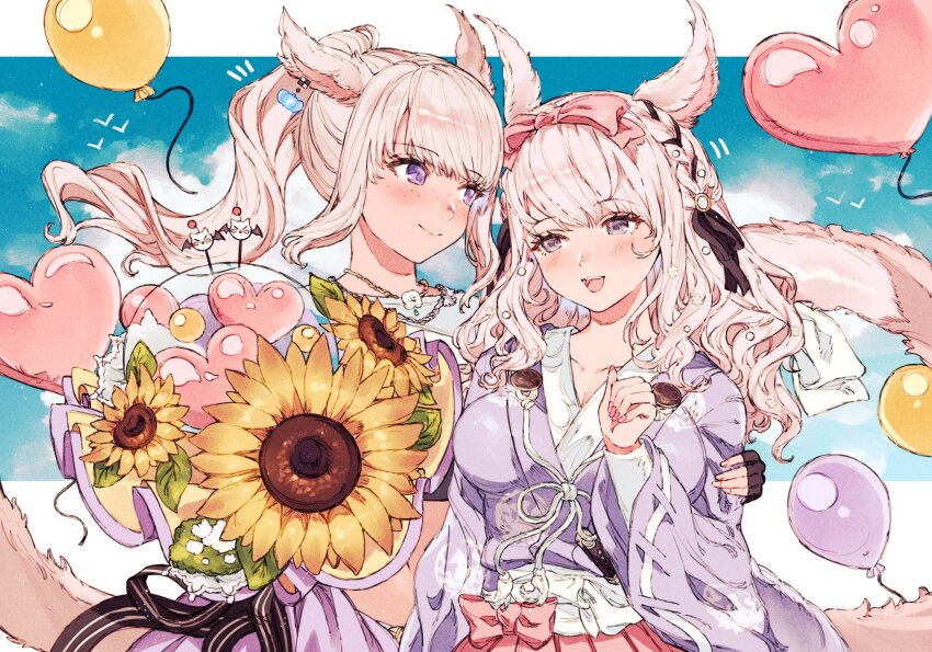 2girls, animal_ears, balloon, black_gloves, black_shirt, bow, brown_hair, cat_ears