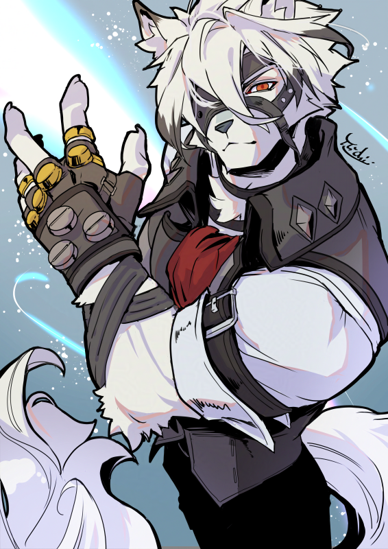 1boy, animal_ears, artist_name, ascot, bicep_strap, claws, closed_mouth, colored_tips, commentary_request, eyepatch, fingerless_gloves, furry, furry_male, gloves, grey_gloves, hazuki_yu-chi, looking_at_viewer, male_focus, multicolored_hair, red_ascot, red_eyes, shirt, sleeves_rolled_up, smile, tail, von_lycaon, white_shirt, wolf_boy, wolf_ears, wolf_tail, zenless_zone_zero