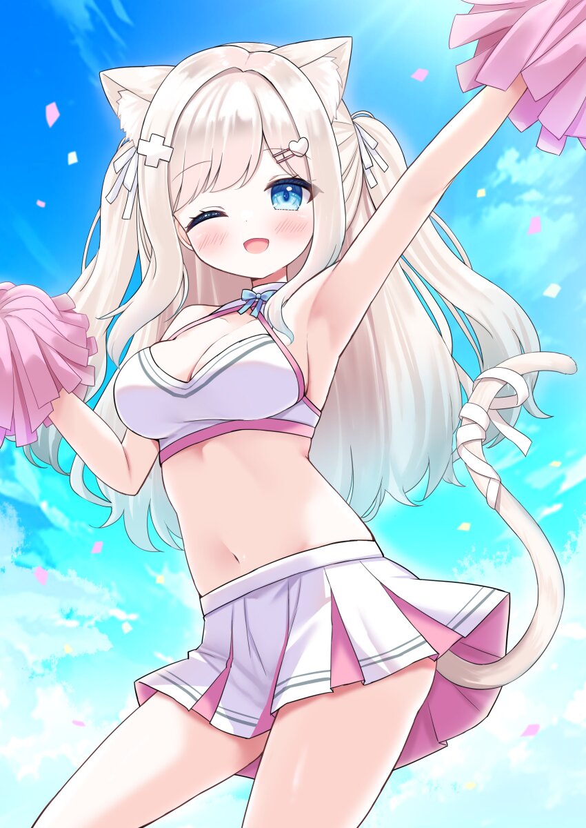 1girl, ;d, absurdres, animal_ear_fluff, animal_ears, armpits, blonde_hair, blue_eyes