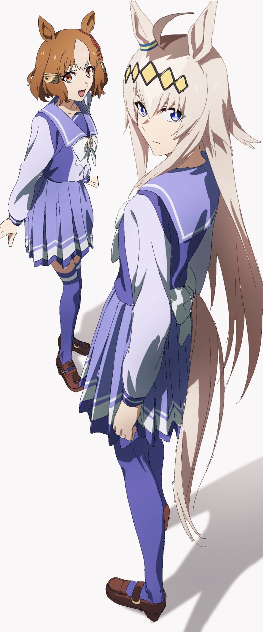 2girls, absurdres, ahoge, animal_ears, arms_at_sides, belno_light_(umamusume), bow, bowtie