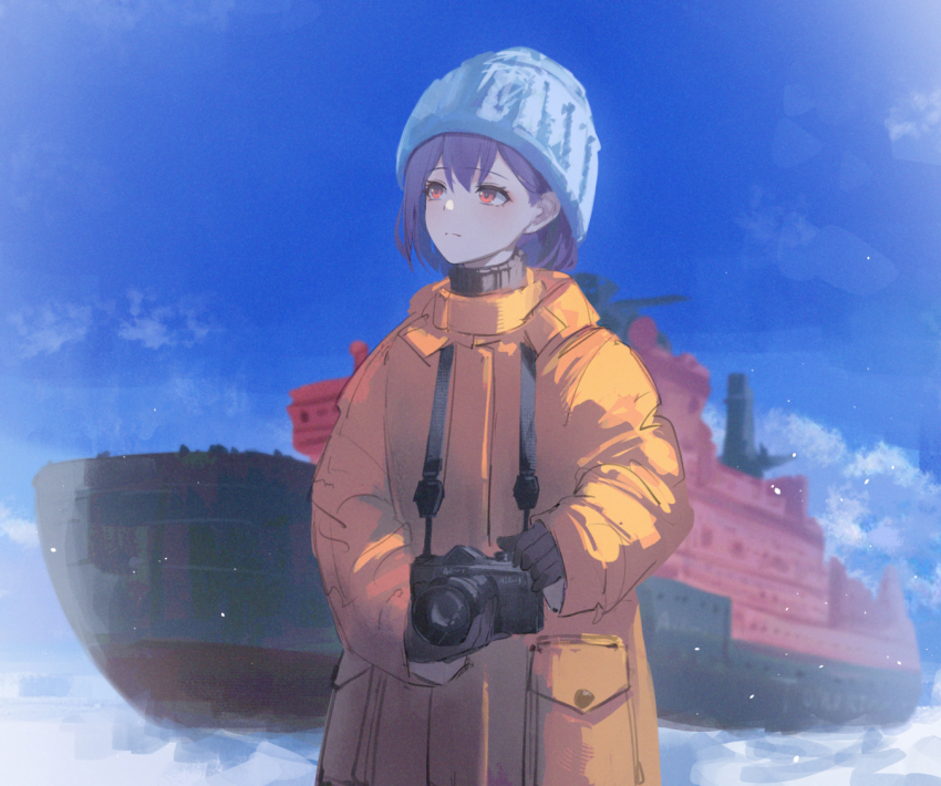 1girl, airool, bang_dream!, bang_dream!_it's_mygo!!!!!, beanie, blue_hat, blue_sky, blurry