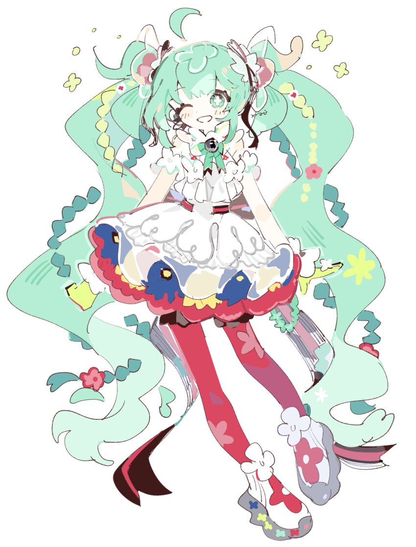 1girl, ;d, absurdres, alternate_costume, aqua_eyes, aqua_hair, dress, full_body