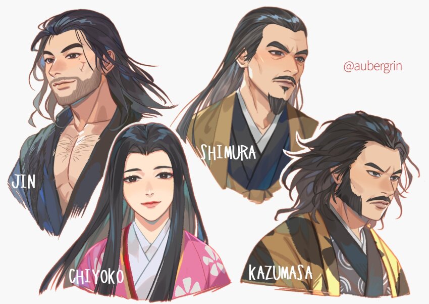 1girl, 3boys, alternate_hairstyle, aubergrin, beard, black_kimono, brown_eyes, character_name, closed_mouth, collarbone, commentary, cropped_torso, curtained_hair, english_commentary, expressionless, facial_hair, facial_scar, floral_print, floral_print_kimono, furrowed_brow, ghost_of_tsushima, goatee, grey_eyes, happi, highres, japanese_clothes, kimono, long_hair, long_sidelocks, looking_at_viewer, looking_to_the_side, lord_shimura, medium_hair, multiple_boys, mustache, open_clothes, open_kimono, parted_bangs, pectorals, pink_kimono, portrait, print_kimono, sakai_chiyoko, sakai_jin, sakai_kazumasa, scar, scar_on_cheek, scar_on_face, sideburns, sidelocks, simple_background, smile, straight-on, twitter_username, v-neck, white_background, yellow_happi
