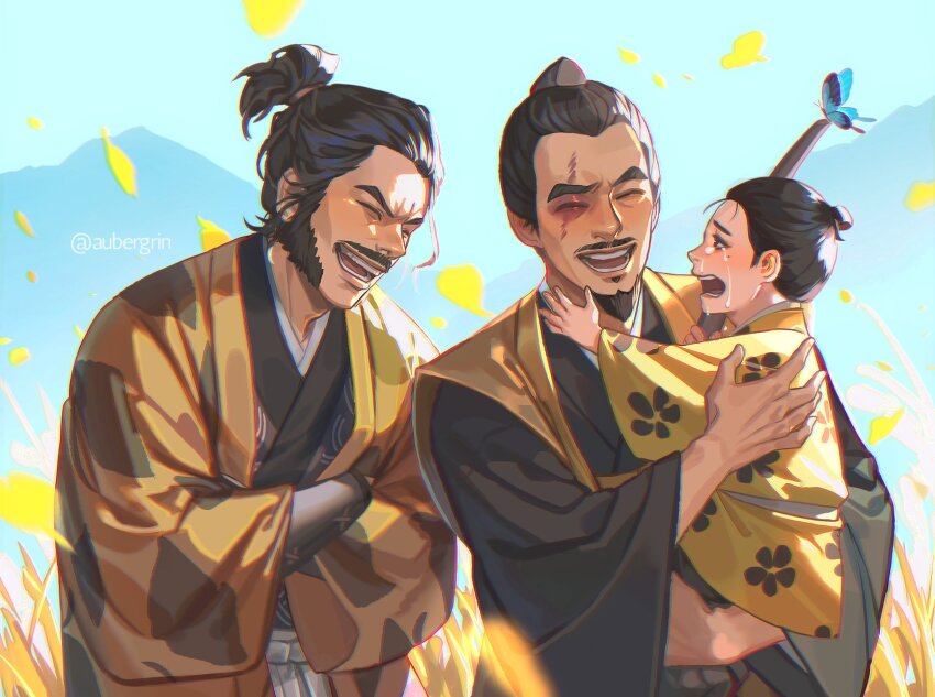 3boys, aged_down, aubergrin, black_hair, black_kimono, blue_butterfly, blue_sky, brown_eyes
