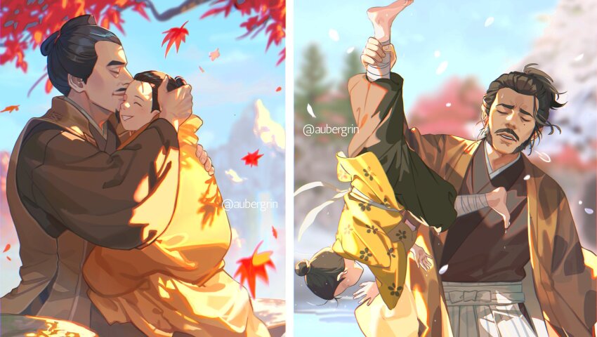 3boys, :d, ^_^, age_difference, aged_down, ankle_grab, arm_up, aubergrin