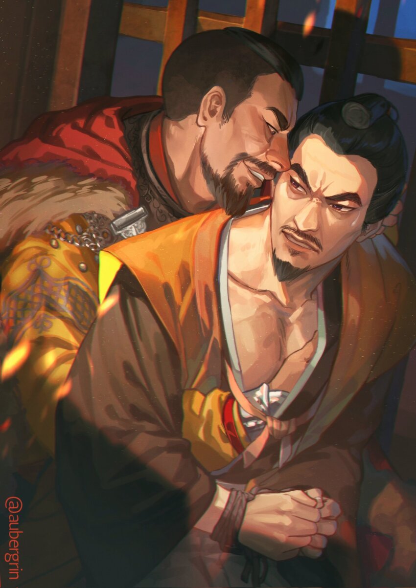 2boys, aubergrin, beard, black_eyes, black_hair, bound, bound_wrists, brown_eyes