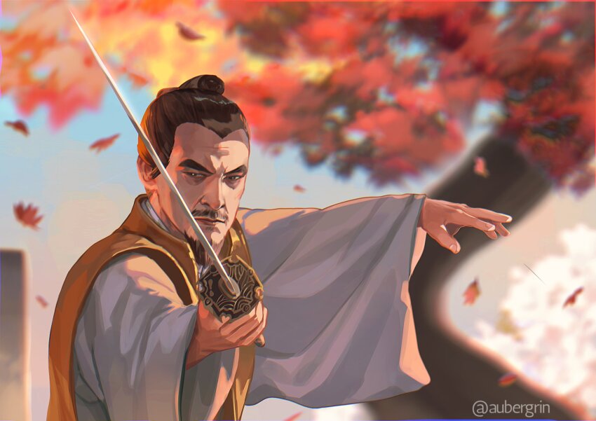 1boy, aubergrin, autumn_leaves, black_eyes, blurry, blurry_background, brown_hair, closed_mouth