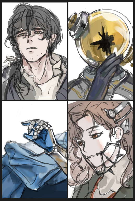 1girl, 3boys, a_knight_(reverse:1999), blue_cape, braces, brown_hair, cape, docabo11