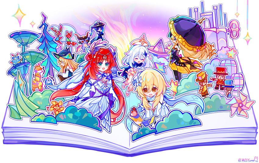 1boy, 5girls, absurdres, bare_shoulders, barrel, blue_hair, book, bow