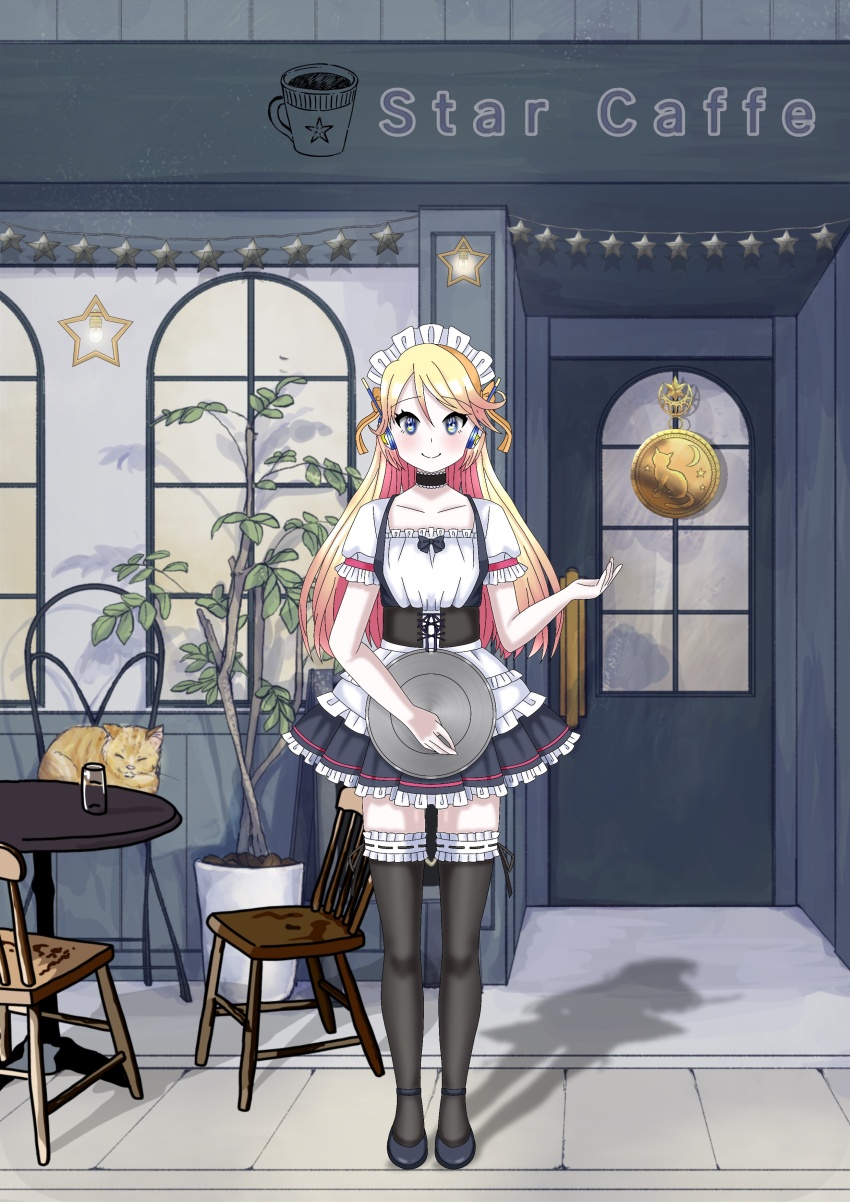 1girl, absurdres, apron, blonde_hair, cafe, cat, highres, kozuya_spica