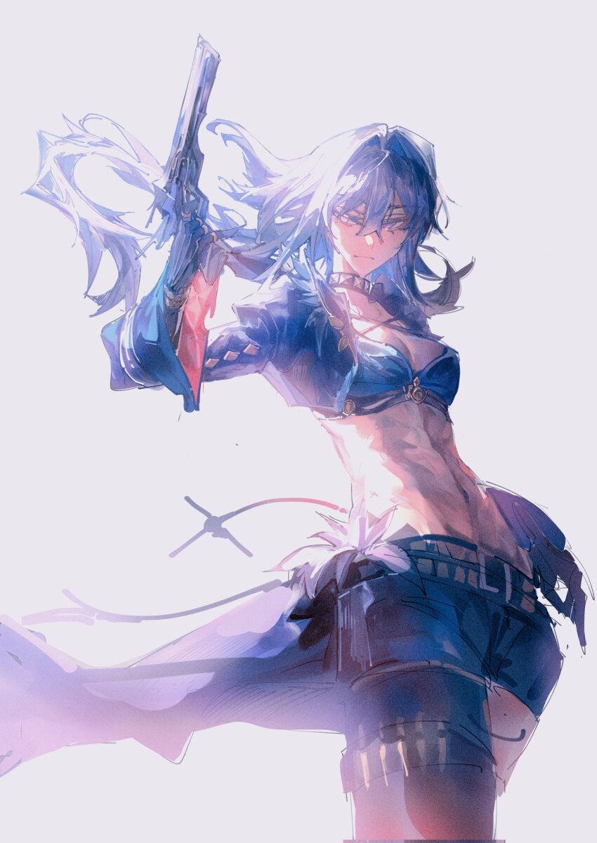 1girl, asymmetrical_legwear, black_shorts, galbrena_(wuthering_waves), gun, hachi_shoku_mare, highres, holding, holding_gun, holding_weapon, long_hair, navel, shorts, single_thighhigh, solo, thighhighs, uneven_legwear, weapon, white_background, wuthering_waves