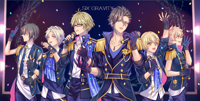 6+boys, absurdres, arm_up, black_gloves, blonde_hair, blue_eyes, blue_necktie, closed_mouth, confetti, epaulettes, glasses, gloves, grey_hair, hair_between_eyes, highres, holding, holding_microphone, jewelry, kisaragi_koi, lalatia-meai, male_focus, microphone, multiple_boys, music, mustuki_hajime, necklace, necktie, parted_lips, satsuki_aoi, shirt, shiwasu_kakeru, singing, tsukino_talent_production, tsukiuta, uzuki_arata, v, waving, white_shirt, yayoi_haru