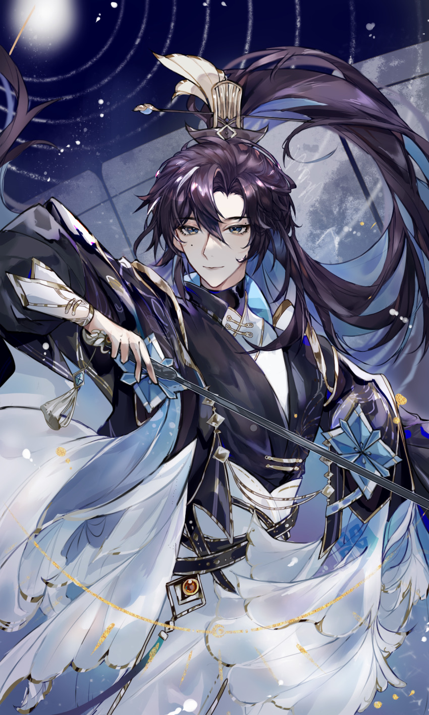 1boy, black_hanfu, black_robe, black_sash, black_shirt, blue_eyes, bu_ye, chinese_clothes