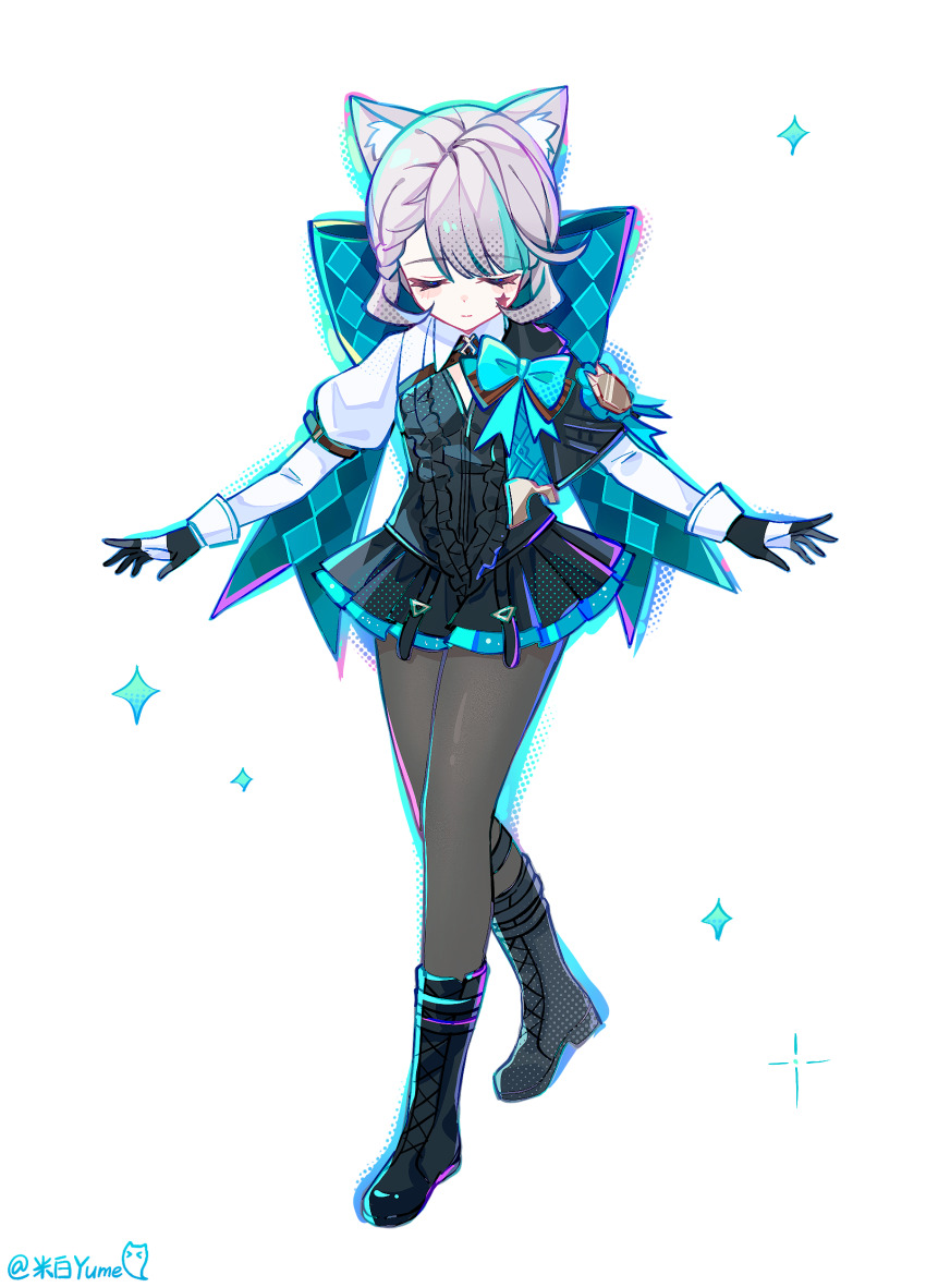 1girl, absurdres, animal_ear_fluff, animal_ears, back_bow, black_boots, black_gloves, black_pantyhose