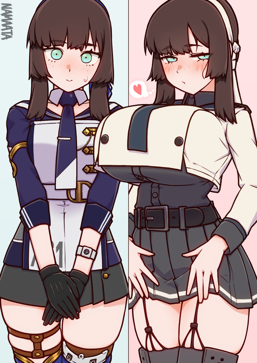 absurdres, alternate_breast_size, aqua_eyes, belt, black_belt, black_gloves, black_skirt, blush, breast_expansion, breasts, brown_hair, buttons, commentary_request, commission, cosplay, freckles, garter_straps, gloves, hairband, heart, highres, huge_breasts, jacket, kantai_collection, long_sleeves, looking_at_viewer, mogador_(kancolle), multiple_views, namaata, necktie, noshiro_(kancolle), noshiro_kai_ni_(kancolle), noshiro_kai_ni_(kancolle)_(cosplay), own_hands_together, shirt, signature, simple_background, skeb_commission, skirt, spoken_heart, sweat, thigh_strap, thighhighs, white_hairband