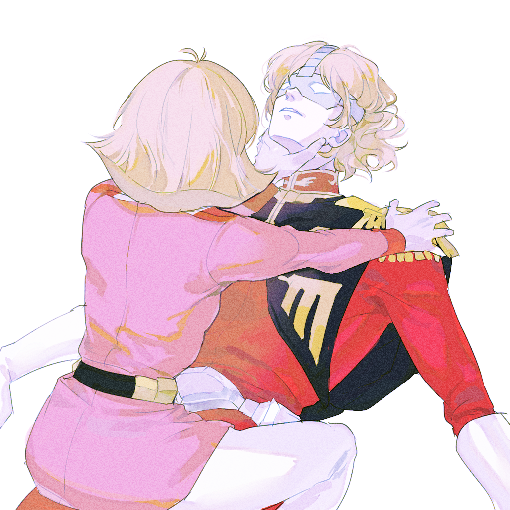 1boy, 1girl, belt, blonde_hair, char_aznable, epaulettes, eye_mask, fish2063, gloves, gundam, jacket, long_sleeves, mask, military, military_uniform, mobile_suit_gundam, open_mouth, pantyhose, red_jacket, sayla_mass, short_hair, siblings, simple_background, straddling, strangling, white_background, zeon