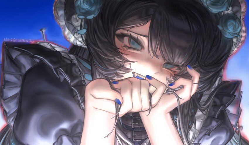 1girl, 7026jaja, absurdres, ado_(utaite), aegyo_sal, aishite_aishite_aishite_(vocaloid), arms_up, black_dress