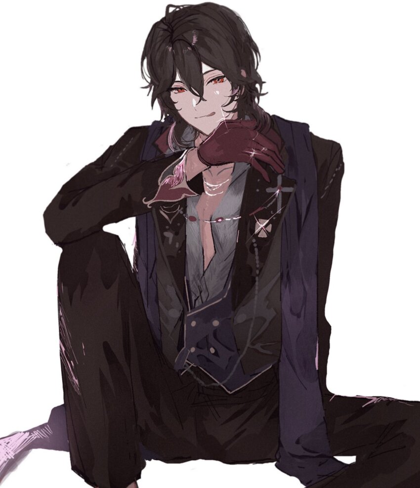 1boy, 22kolink, :q, black_hair, black_pants, gloves, hair_between_eyes, highres