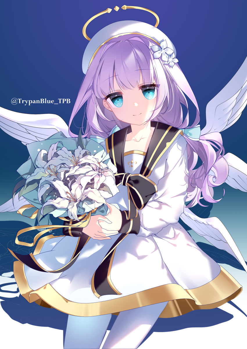 absurdres, angel, angel_wings, blue_eyes, blush, bow, dress, feathered_wings