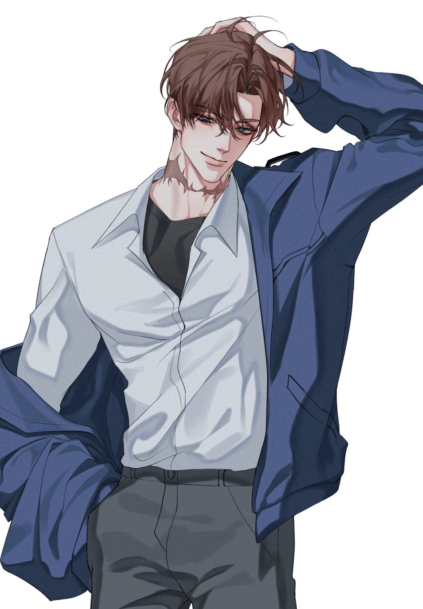 1boy, agent_choi, black_eyes, black_shirt, blue_jacket, blue_pupils, brown_hair, closed_mouth