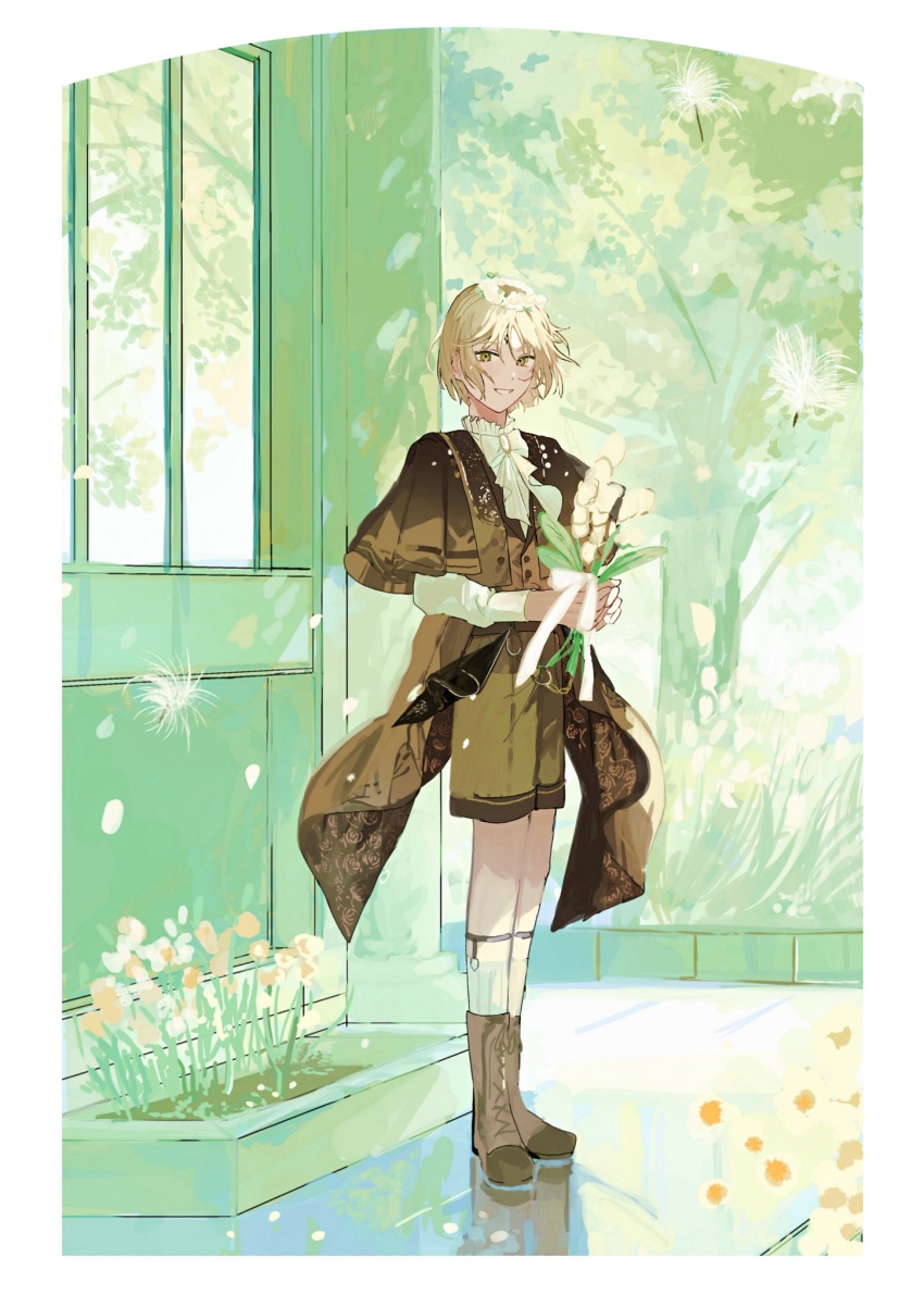1boy, 22kolink, blonde_hair, boots, bouquet, flower, full_body, highres, holding, holding_flower, mahoutsukai_no_yakusoku, male_focus, shirt, shorts, socks, solo, standing, white_flower, window