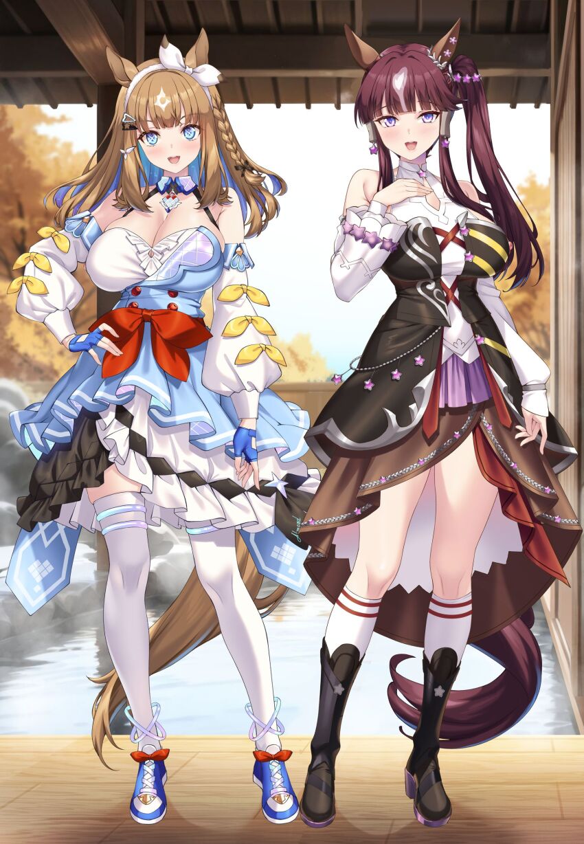 +_+, 2girls, absurdres, almond_eye_(the_changer)_(umamusume), almond_eye_(umamusume), animal_ears, arm_at_side, bare_shoulders, blue_eyes, blue_gloves, blunt_bangs, bow, braid, braided_sidelocks, breasts, brown_hair, brown_skirt, brown_tail, chest_jewel, cleavage, closed_mouth, colored_inner_hair, commentary_request, detached_collar, detached_sleeves, ear_covers, ear_ornament, full_body, gloves, hair_ornament, hairband, hairclip, hand_on_own_chest, hand_on_own_hip, hand_up, highres, horse_ears, horse_girl, horse_tail, large_breasts, laurel_ornament, layered_skirt, long_hair, looking_at_viewer, lucky_lilac_(umamusume), multicolored_hair, multicolored_skirt, multiple_girls, onsen, open_mouth, purple_eyes, purple_skirt, red_skirt, shirokuma_a, shirt, side_ponytail, sidelocks, skirt, sleeveless, smile, standing, symbol-shaped_pupils, tail, toes, umamusume, white_hairband, white_shirt, white_sleeves, x-shaped_pupils