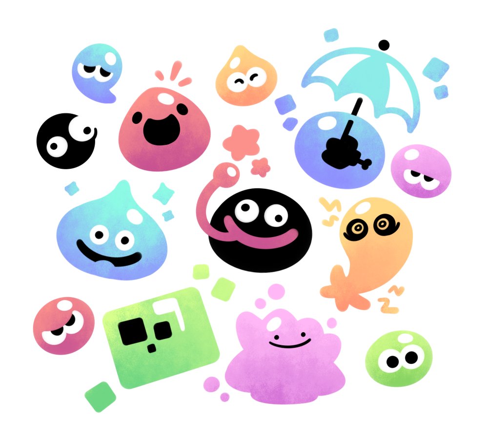 :d, ^_^, animal, black_eyes, blue_slime_(terraria), chuchu_(zelda), closed_eyes, closed_mouth, creature, crossover, ditto, dragon_quest, electric_chuchu, electricity, floating, gen_1_pokemon, gooey_(kirby), happy, holding, holding_umbrella, kirby_(series), kreamy_kae, looking_at_viewer, minecraft, minimalism, multiple_crossover, nintendo, no_humans, open_mouth, pink_slime_(slime_rancher), pokemon, puyo_(puyopuyo), puyopuyo, slime_(creature), slime_(dragon_quest), slime_(minecraft), slime_(substance), slime_rancher, smile, solid_circle_eyes, terraria, the_legend_of_zelda, translated, umbrella, world_of_goo