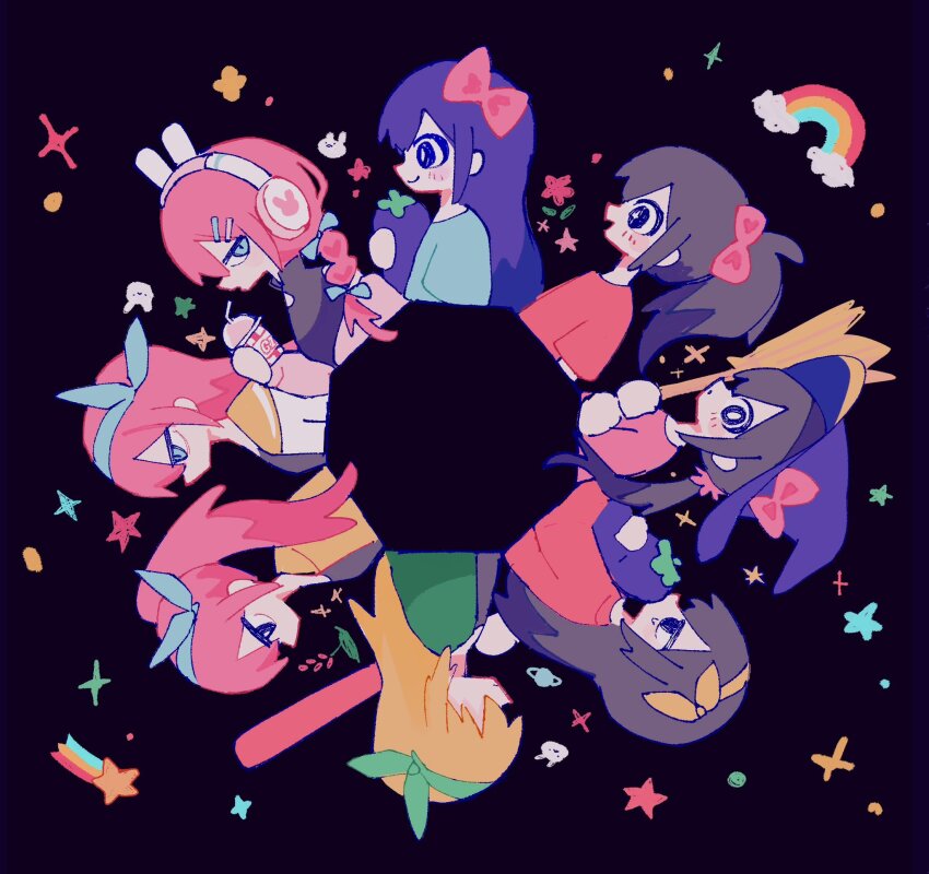 6+girls, :d, age_progression, animal_ear_headphones, animal_ears, aubrey_(birthday)_(omori), aubrey_(faraway)_(omori), aubrey_(headspace)_(omori)