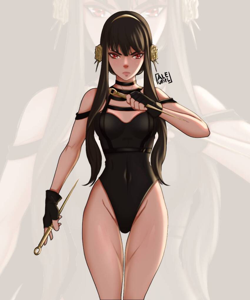 1girl, aleuriel, artist_logo, black_gloves, black_hair, black_leotard, commentary, covered_navel, dual_wielding, fingerless_gloves, frown, gloves, hairband, highres, holding, holding_weapon, leotard, logo, long_hair, red_eyes, sidelocks, solo, spy_x_family, standing, weapon, yor_briar, zoom_layer